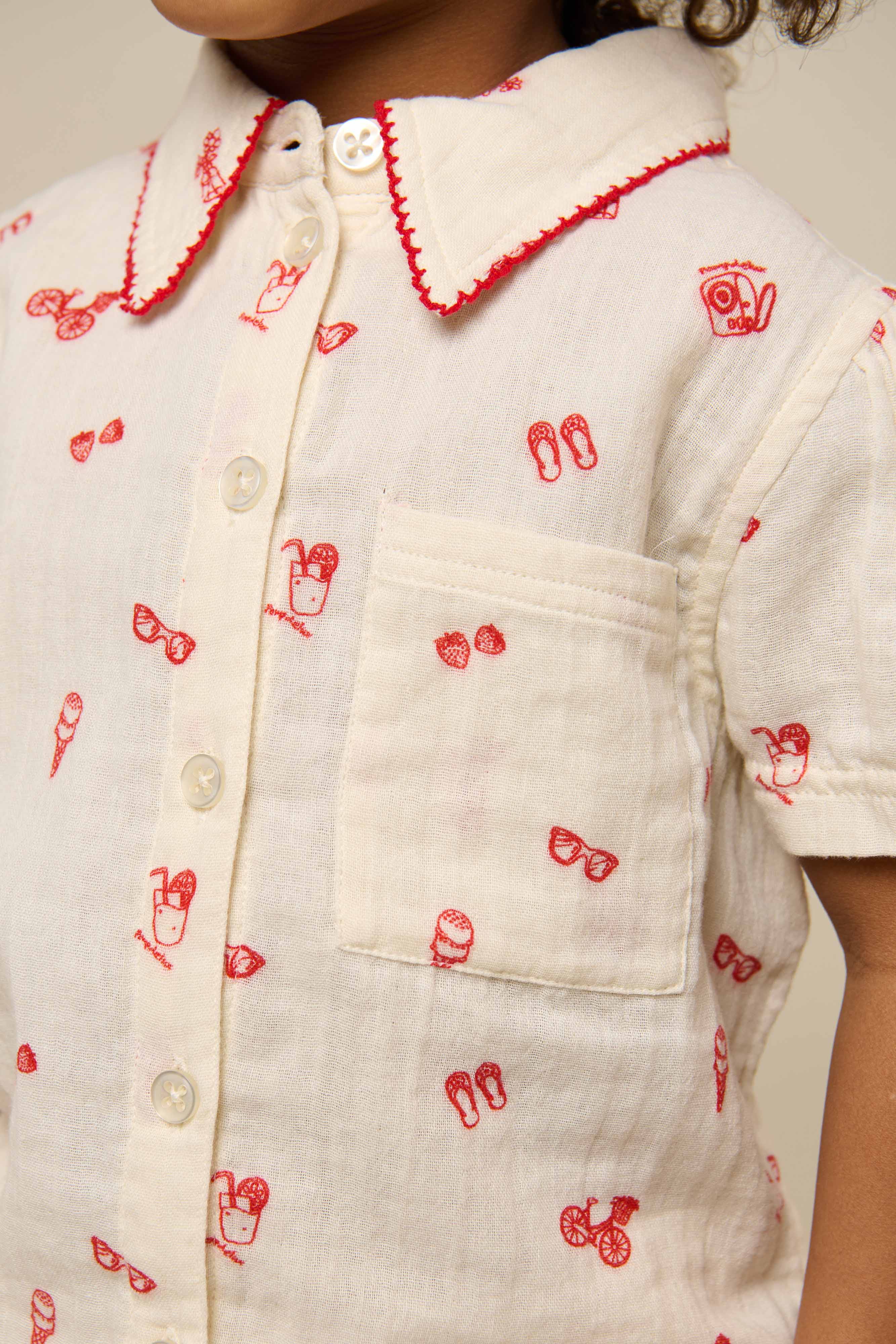Bedrucktes Gaze Hemd und Shorts-Set - Kids - Offwhite/Cherry Red | 100972 Fiona - Image 4