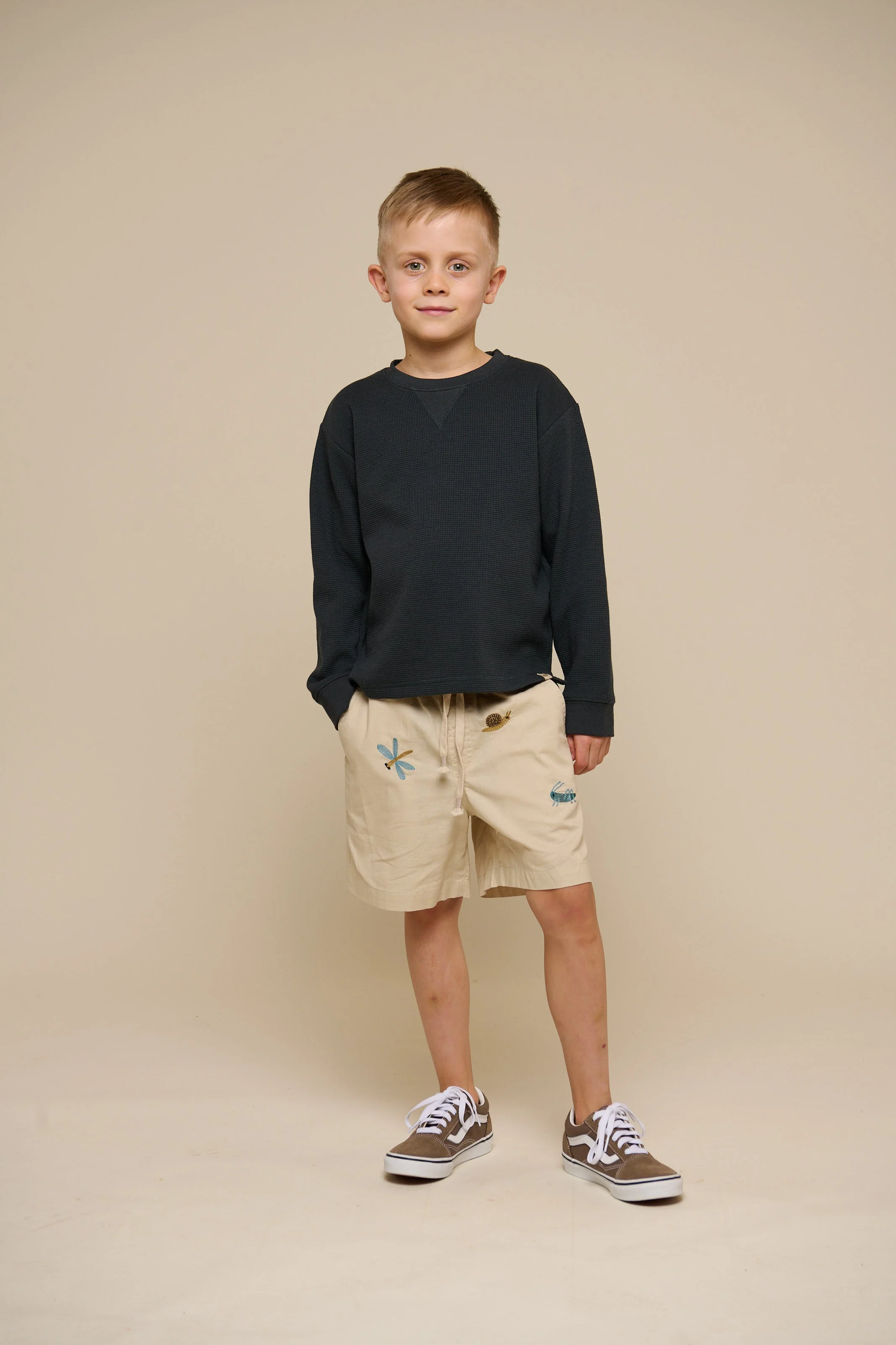 Embroidered Cotton Shorts - Tween - Light Beige | 101098 Erik - Image 2