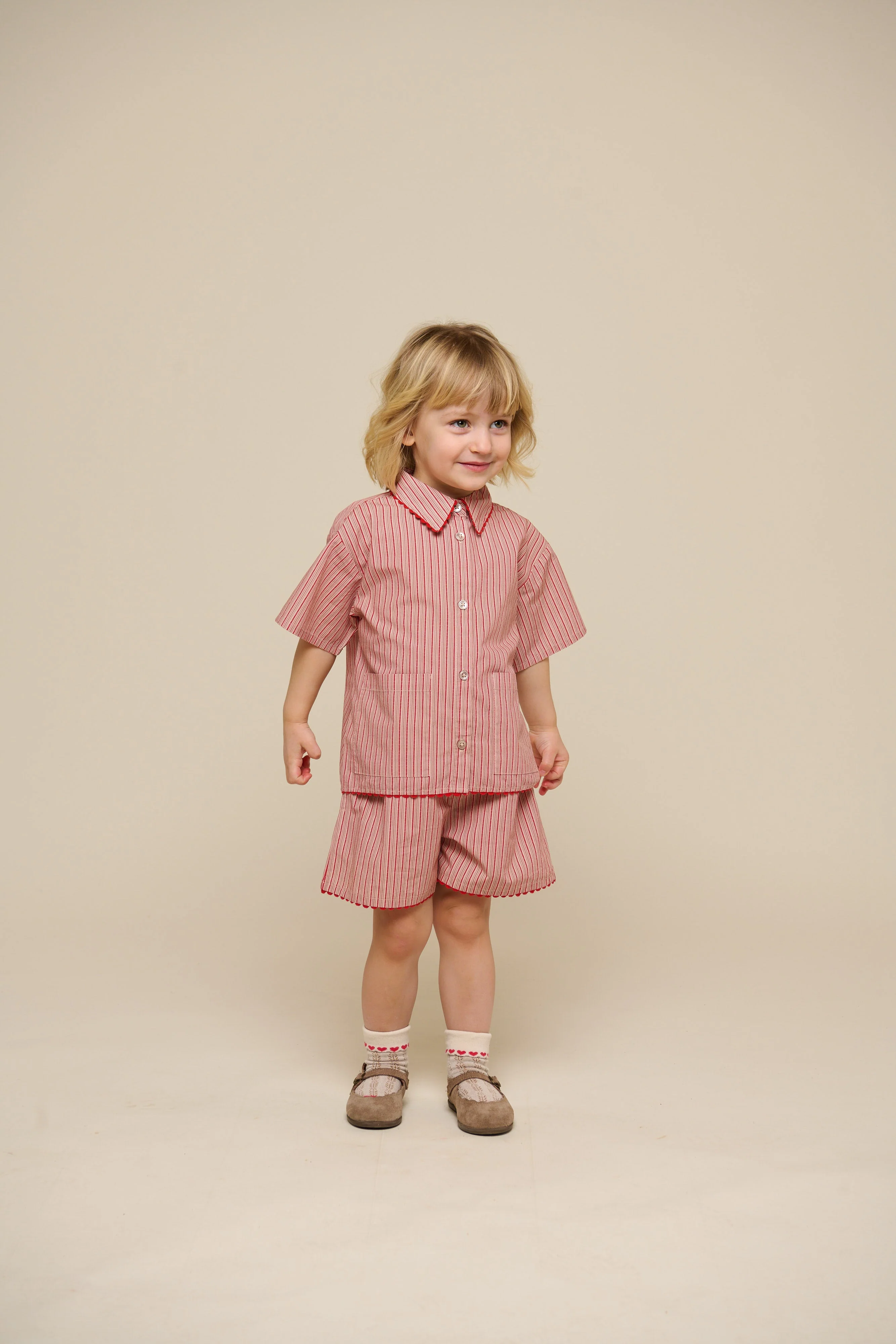 Gestreiftes Poplinhemd und Shorts Set - Kids - Old Rose/Cherry Red | 100946 Olivia - Image 2