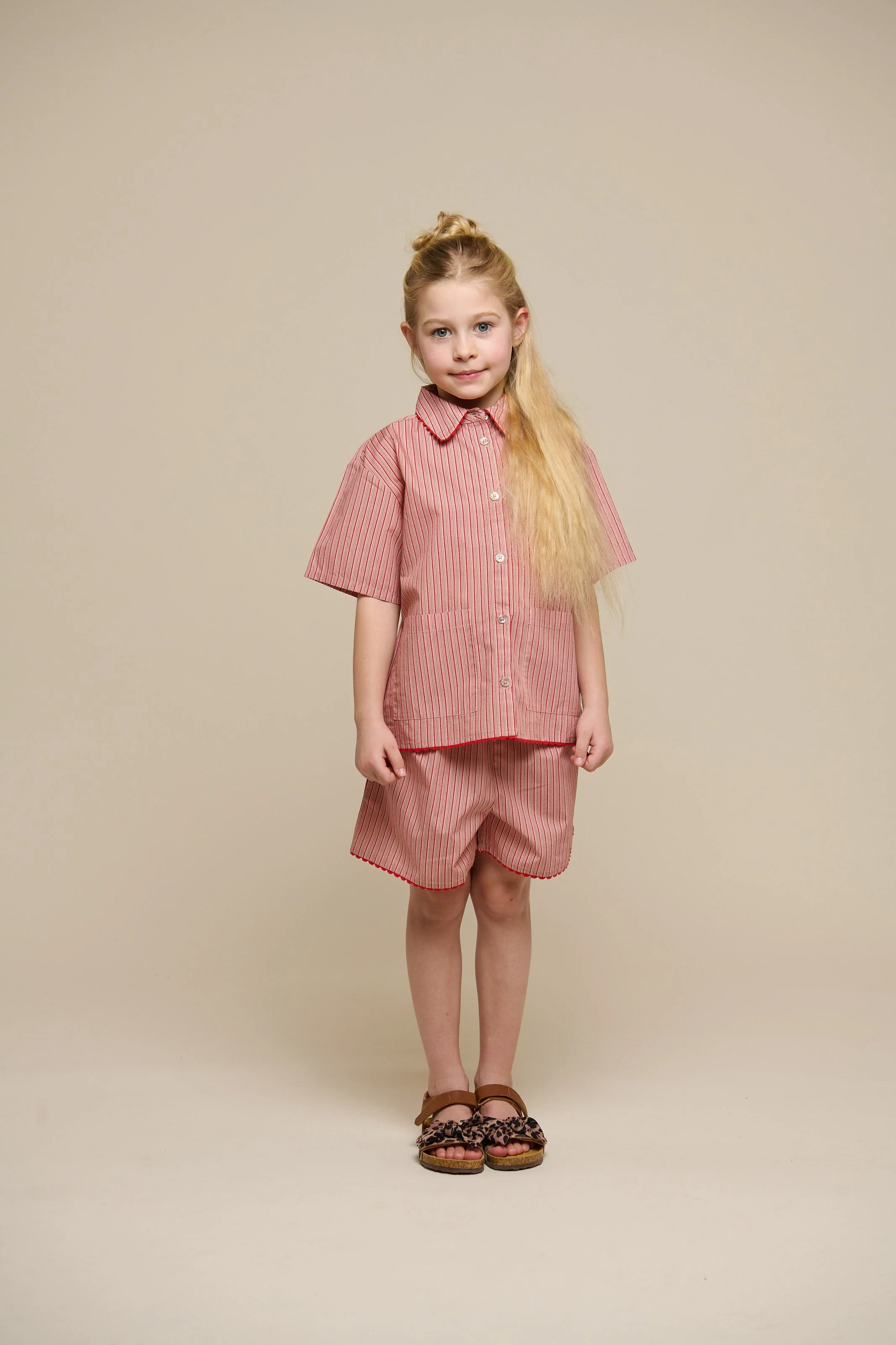 Gestreiftes Poplinhemd und Shorts Set - Tween - Old Rose/Cherry Red | 100947 Olivia - Image 2